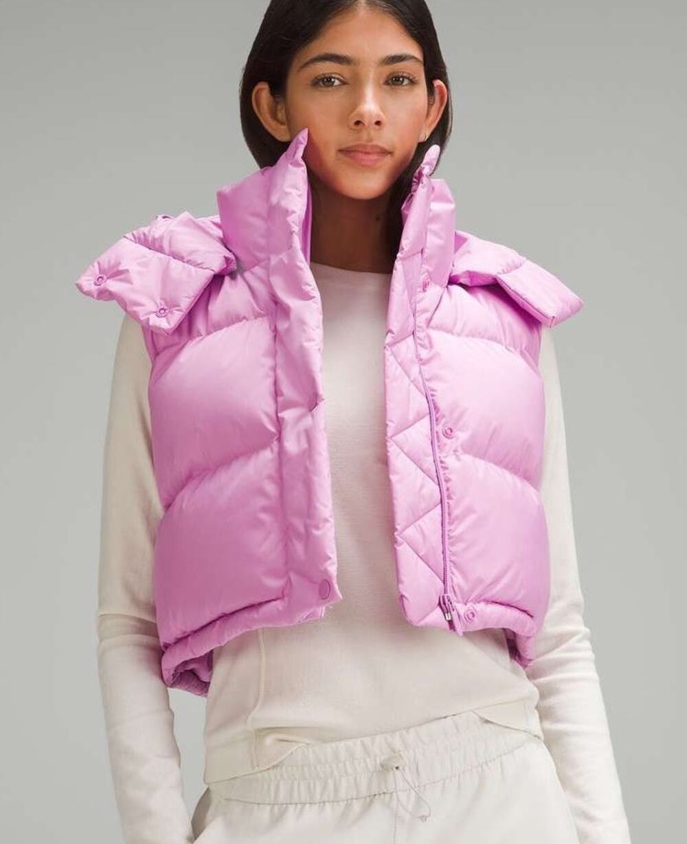 Lululemon Wunder Puff Super Cropped Vest Hooded Size 0 Dahlia Mauve Pink Outdoor